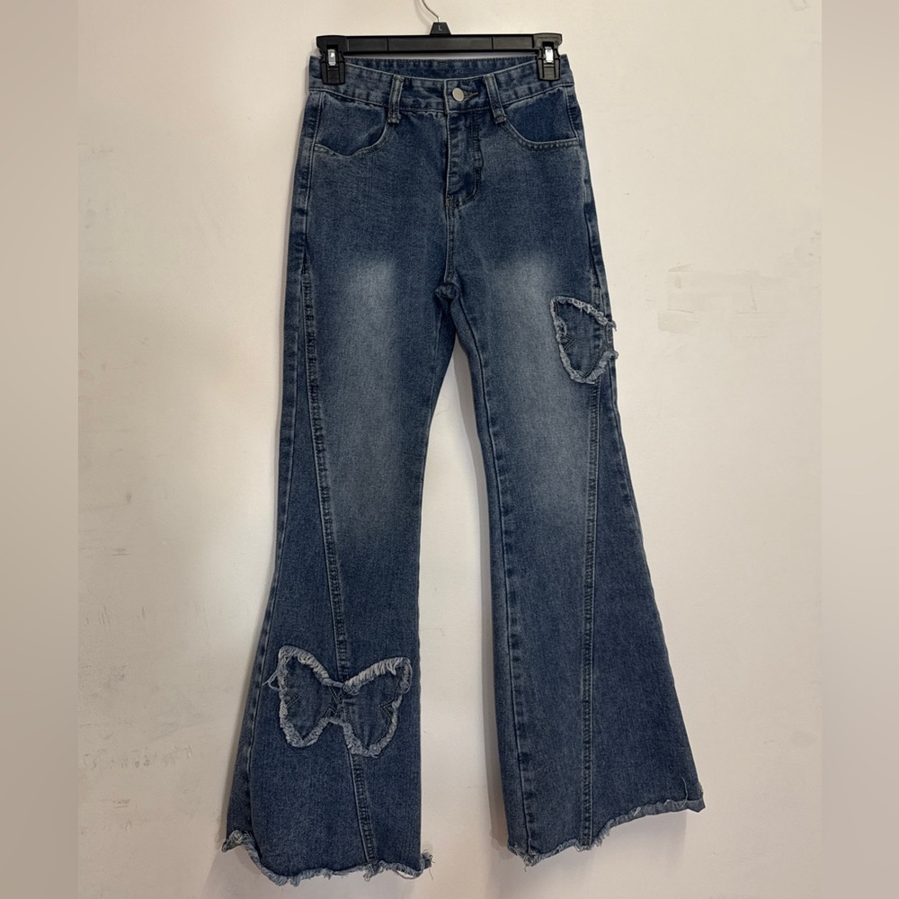 Women’s Dark Blue Boot Cut Jeans with Butterfly Appliqués